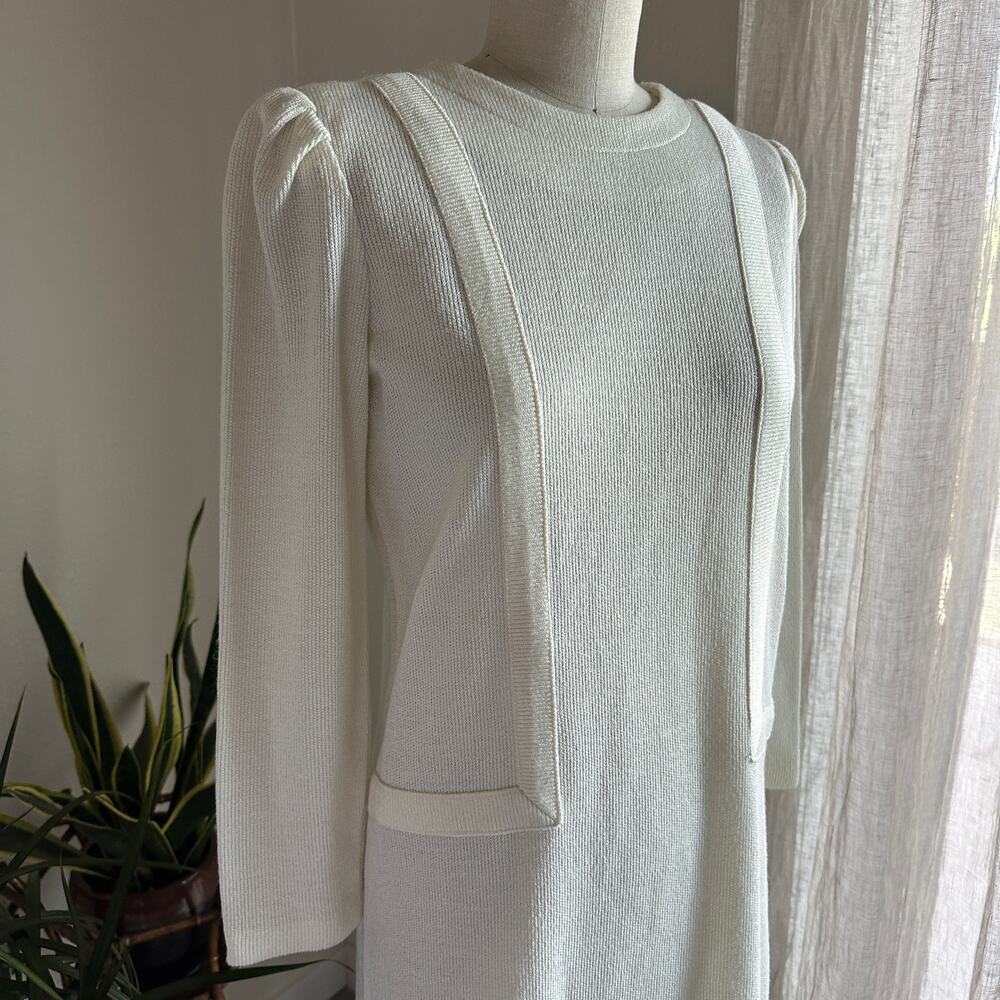 Leslie Fay Petites Women's Medium Dress Cream Knit Long Sleeve Mod Secretary